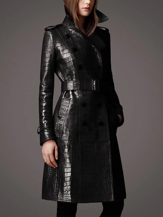 Autumn Long Black Crocodile Pattern Pu Leather Trench Coat for Women Belt Double Breasted Stylish British Style Fashion