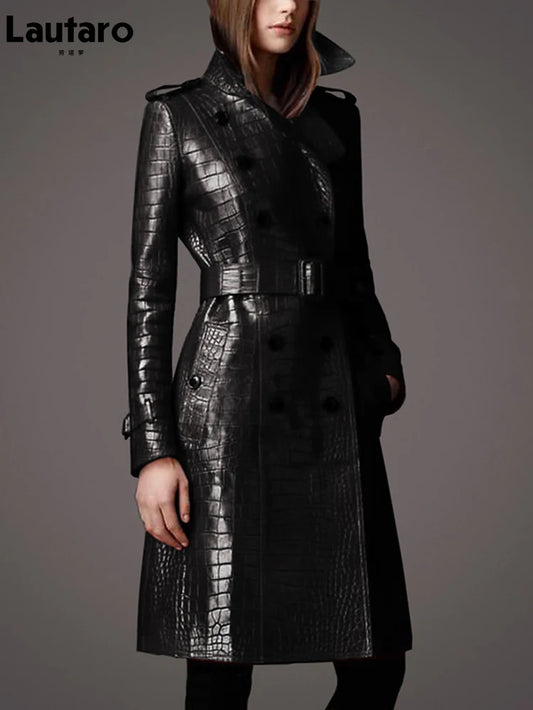 Autumn Long Black Crocodile Pattern Pu Leather Trench Coat for Women Belt Double Breasted Stylish British Style Fashion