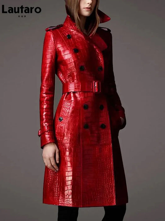 Autumn Long Red Crocodile Print Leather Trench Coat for Women Belt Double Breasted Elegant British Style Fashion 2021