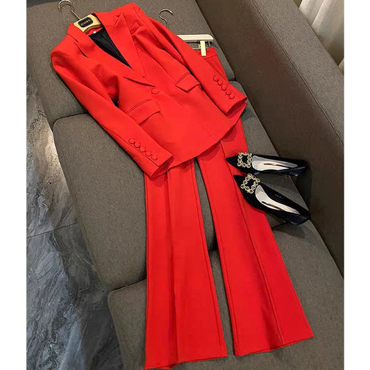 Blazer Pantsuits Two Piece Set Office Ladies Women Yellow Purple Business Single Buttons Flared Pants Blazer + Pants Formal Suit