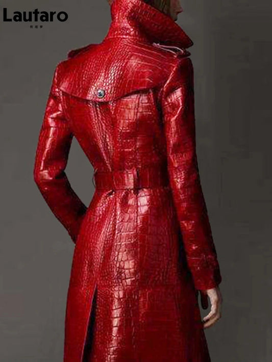 Autumn Long Red Crocodile Print Leather Trench Coat for Women Belt Double Breasted Elegant British Style Fashion 2021